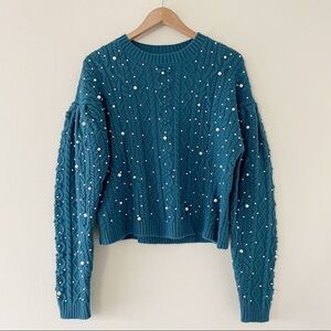 Something Navy Shelby Teal pearl cable knit sweater NWT